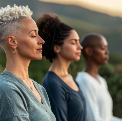 three women with eye closed looking serene
